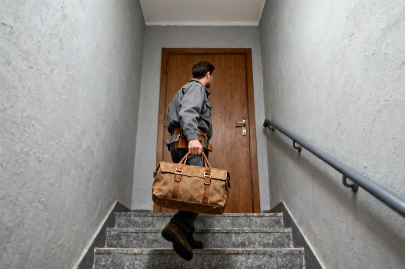 Alulról nézve, hátulról: munkakabátos szerelő lépcsőn megy felfelé egy barna faajtóhoz, kezében a levegőben tartott khaki vászon szerszámtáska, mellette szürke vakolt lépcsőházi fal és fém korlát.