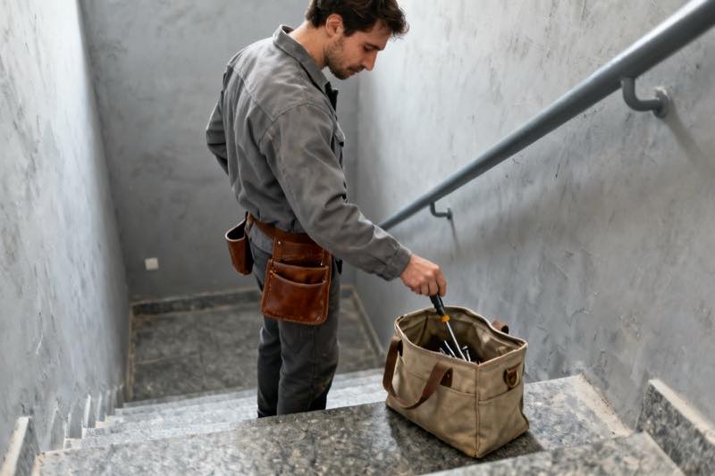 Kő lépcsőn nyitott khaki vászon szerszámtáska, a szerelő keze egy sötét nyelű csavarhúzót emel ki belőle, mellette szürke fal és fém korlát.